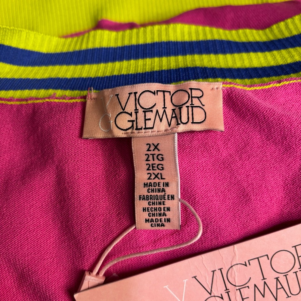 VICTOR GLEMAUD Pink Neon Blue Stripe Colorblock Cardigan Sweater Women's 2X - Picture 14 of 16